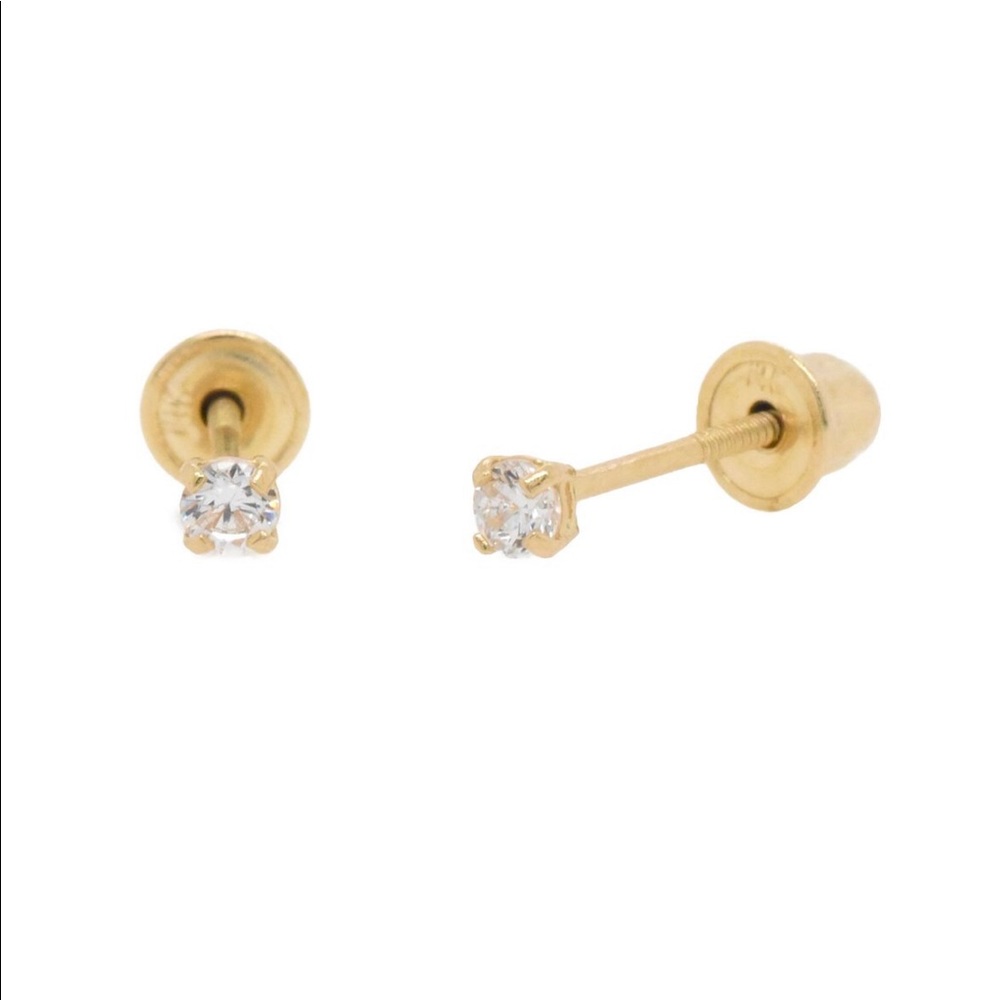 14KT Gold 2MM Stud Earrings W/Clear CZ